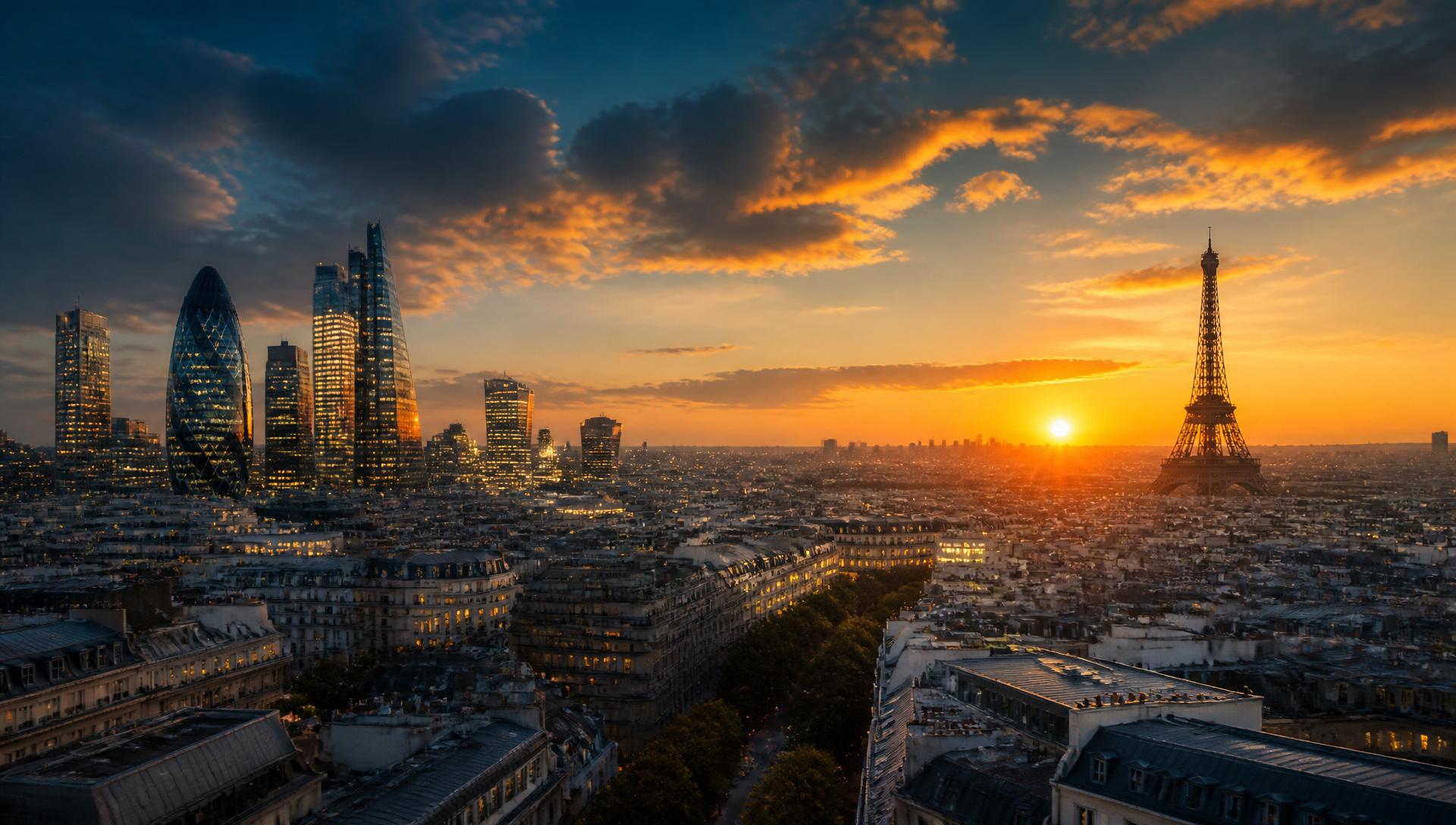 London and Paris skyline at golden hour